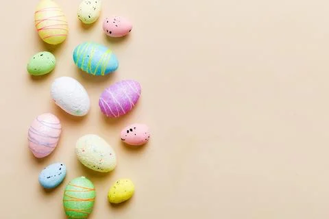 Decorative easter eggs on colored background. easter eggs collection top view Stock Photos