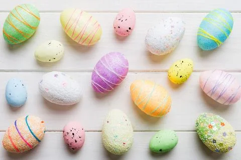 Decorative easter eggs on colored background. easter eggs collection top vi.. Stock Photos