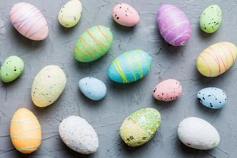 Decorative easter eggs on colored background. easter eggs collection top vi.. Stock Photos