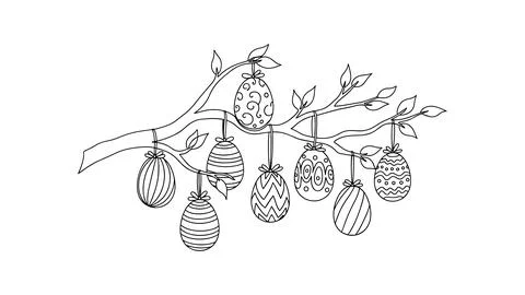 Decorative Easter Eggs Hanging From Spring Tree Branch Illustrazione stock