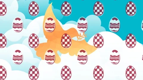 Decorative easter eggs icons in seamless pattern against dove bird icon and blue Stock Footage 176929147