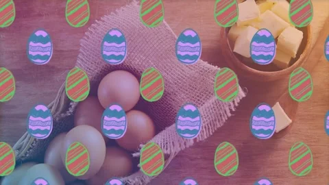 Decorative easter eggs icons in seamless pattern against eggs in a basket and Stock Footage 176929219