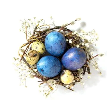 Decorative Easter eggs in nest isolated on white background. Foto stock
