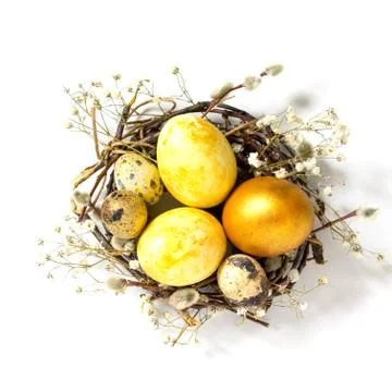 Decorative Easter eggs in nest isolated on white background. Stock Photos