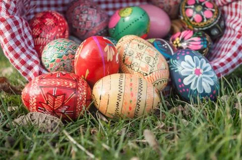 Decorative easter eggs in outdoor in the grass Stock Photos
