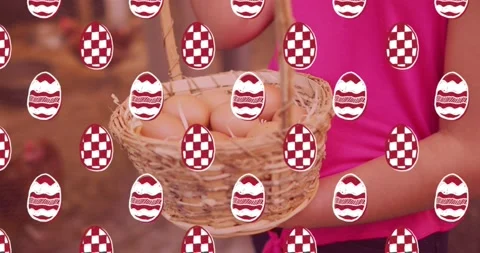 Decorative easter eggs in seamless pattern against woman holding basket full of Stock Footage 176928924