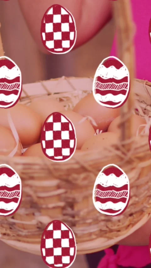 Decorative easter eggs in seamless pattern against woman holding basket full of Stock Footage 342315744