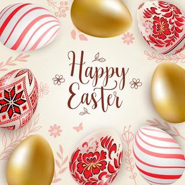 Decorative Easter eggs with traditional ethnic red ornament. Stock Illustration