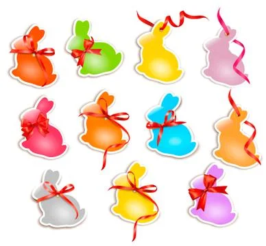 Decorative easter rabbits. easter cards with red bow and ribbons. vector Stock Illustration