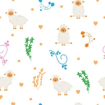 Decorative Easter seamless pattern with lamb, flowers and hearts. Stock Illustration