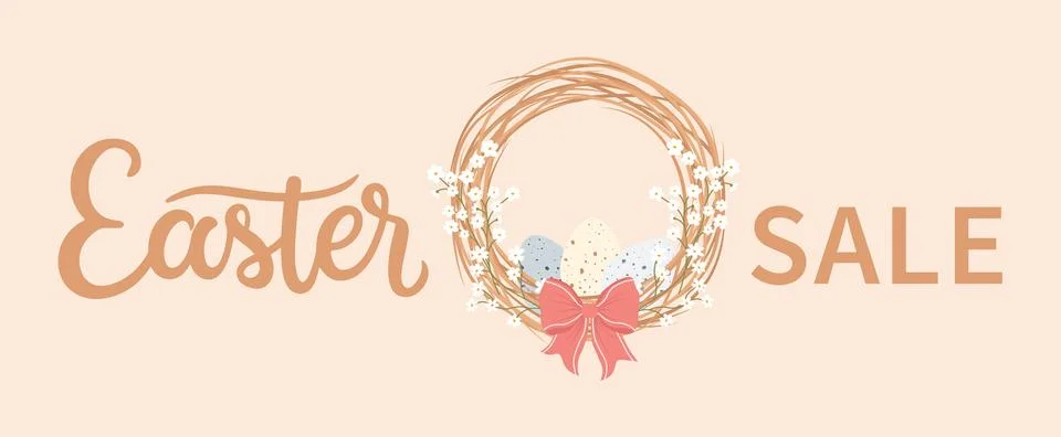 Decorative Easter wreath made of twigs willow with eggs and bow. Commercial.. 스톡 일러스트