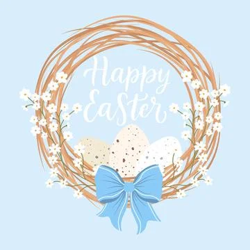 Decorative Easter wreath made of twigs willow with eggs and bow. Easter gre.. Stock-Illustration