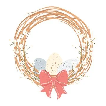 Decorative Easter wreath made of twigs willow with eggs and bow. Easter gre.. Illustrazione stock