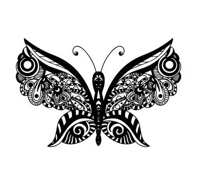 Decorative element in the form of a butterfly in the style of a zentangle style Stock Illustration