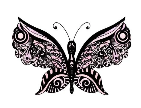 Decorative element in the form of a butterfly in the style of a zentangle style Stock Illustration