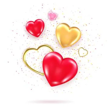 Decorative element with shiny 3d hearts, golden heart shaped frames and confetti Stock Illustration