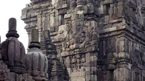 Decorative elements adorning walls of Candi Prambanan Hindu temple. Indonesia Video stock 74398149