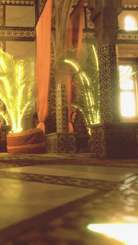 Decorative elements and lighting in a traditional Moroccan room setup Stock Footage 331768144
