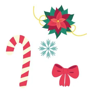 Decorative elements Christmas set Candy Cane, red bow, snowflake, poinsettia and Stock Illustration