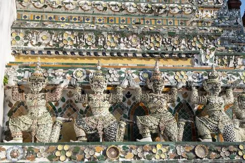 Decorative elements on facade of Wat Arun, Temple of Dawn in Bangkok Stock Photos