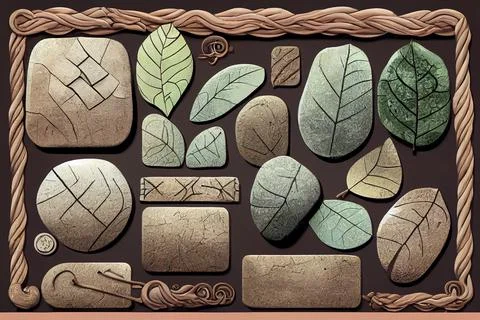 Decorative elements for the game or app leaves, stones, rope on brown background Stockillustratie