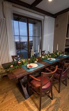 Decorative elements, home decorations. Festive table decorations, flowers Stock Photos