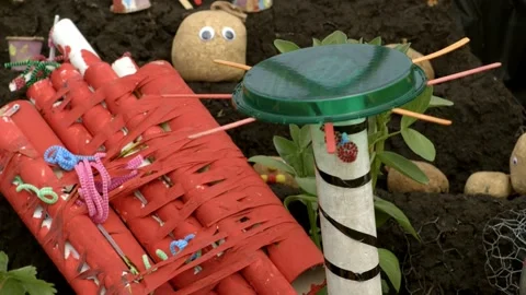 Decorative elements in landscape design on spring festival RHS Malvern Hills. Stock Footage 144979818