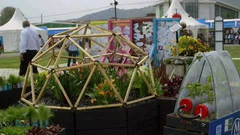 Decorative elements in landscape design on spring festival of food RHS Malvern Stock Footage 144979853