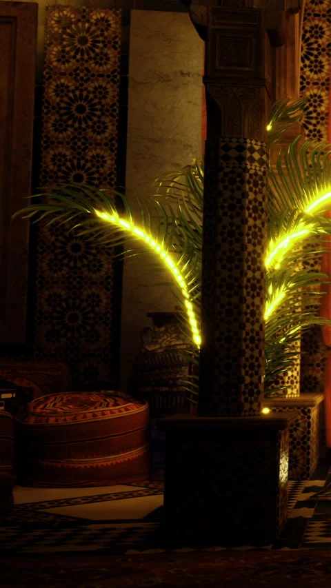 Decorative elements in a traditional room with a palm plant and pottery Stock Footage 332218233