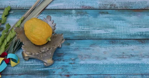 Decorative elements used in the celebration of Sukkot: etrog, lulav, hadas, and Stock Footage 211136147