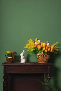 Decorative elements of wooden table in eco-style with flowers and rabbit Stock Photos