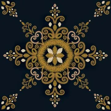 Decorative embroidery pattern with floral and swirl designs 库存插图