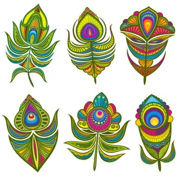 Decorative ethnic peacock feathers vector set isolated Illustrazione stock