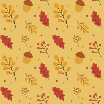 Decorative fall background with oak leaves acorns and red berries in hand d.. Stock Illustration