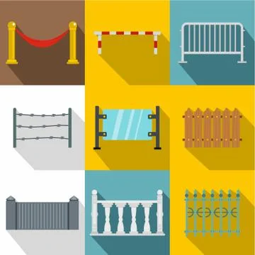 Decorative fences icon set, flat style Stock Illustration