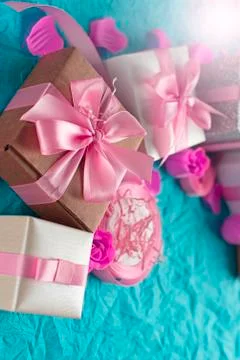 Decorative festive background with gift boxes. Stock Photos