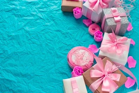 Decorative festive background with gift boxes. Stock Photos
