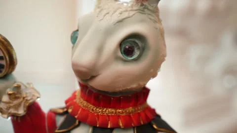 Decorative figure of the rabbit with clock in hands. Alice in wonderland Stock Footage 196180377