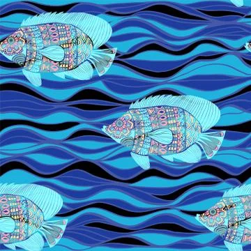 Decorative fish pattern and blue waves seamless background 스톡 일러스트