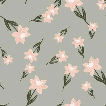 Decorative flat flora seamless pattern with random pink simple flower silhoue Illustrazione stock