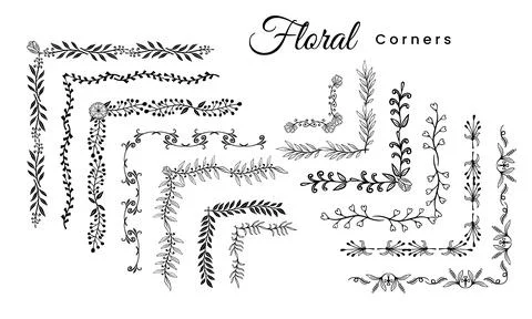 Decorative floral corner design elements hand drawn vector Stock Illustration