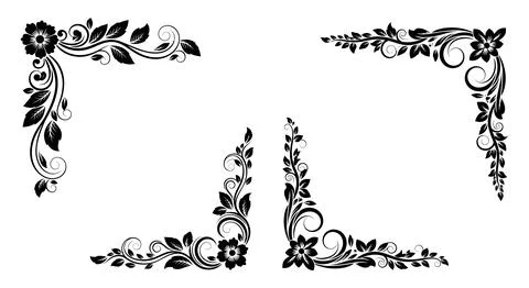 Decorative floral corner elements in black isolated on white for elegant bo.. Illustrazione stock