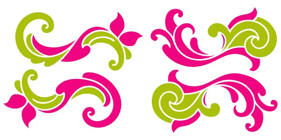 Decorative floral scroll elements in green and pink for design accents. Stock Illustration