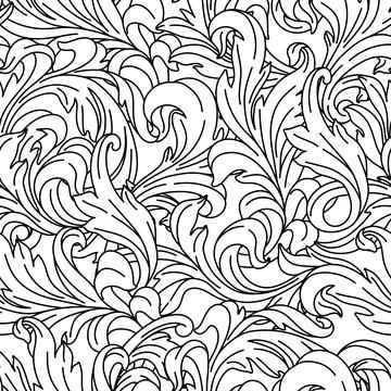 Decorative floral seamless pattern in baroque style. Engraved black curling Stock Illustration