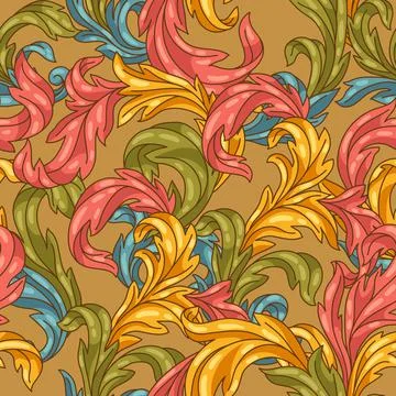 Decorative floral seamless pattern in baroque style. Colorful curling plant. Stock Illustration
