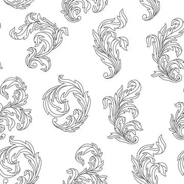 Decorative floral seamless pattern in baroque style. Engraved black curling Stock Illustration
