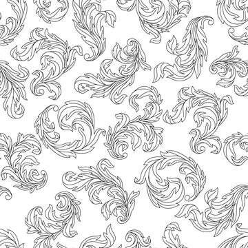 Decorative floral seamless pattern in baroque style. Engraved black curling Stock Illustration