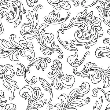 Decorative floral seamless pattern in baroque style. Engraved black curling Stock Illustration