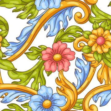 Decorative floral seamless pattern in baroque style. Colorful curling plant. Stock Illustration