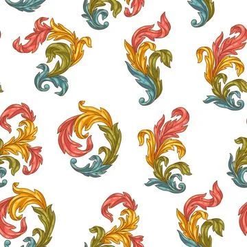 Decorative floral seamless pattern in baroque style. Colorful curling plant. Stock Illustration